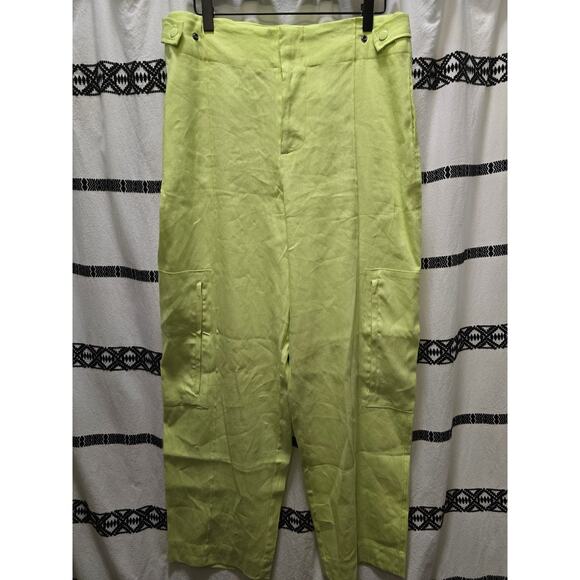 NWOT Jason Wu lime green wide leg high waist cargo linen blend pants large - Picture 1 of 10